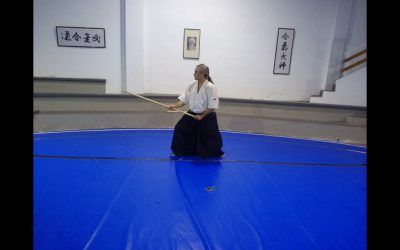Aikido del Dojo Kuubukan: Kamae con Jo (bastón) y Bokken (sable).
