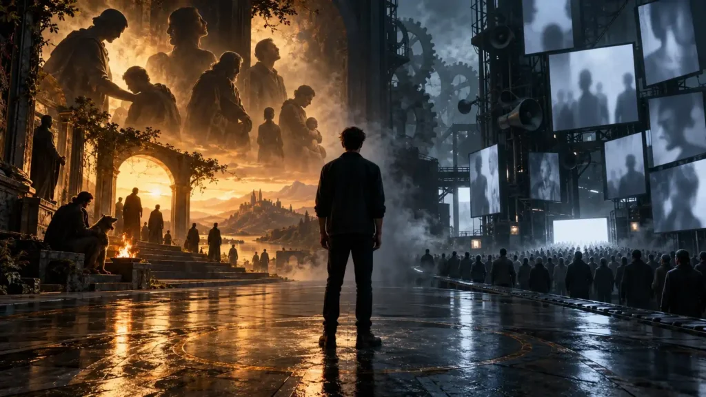 Un joven contempla cómo los relatos heroicos y la propaganda compiten por formar su imaginación.